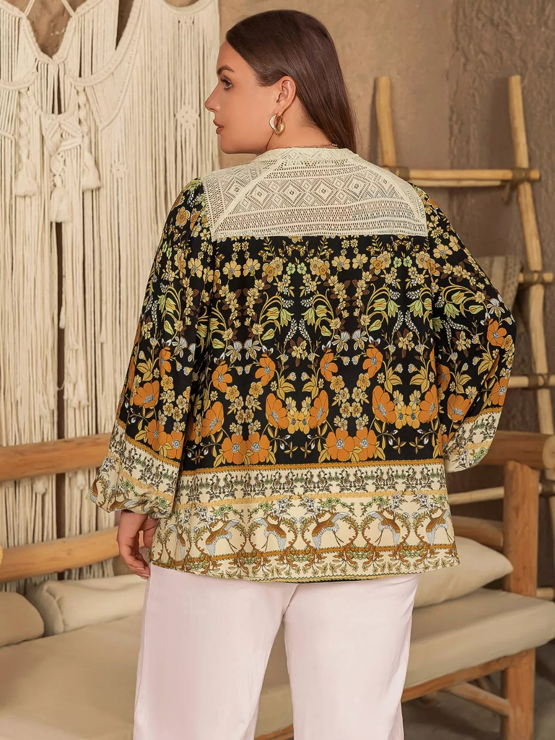 Plus Size Floral Print Notched Blouse