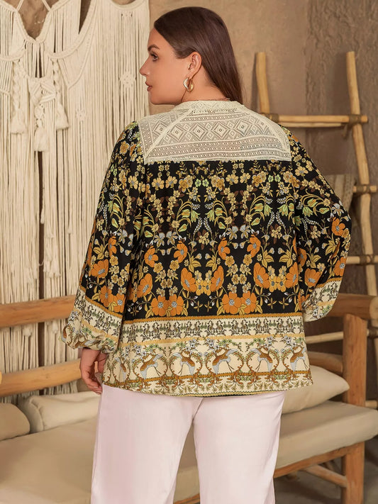 Plus Size Floral Print Notched Blouse