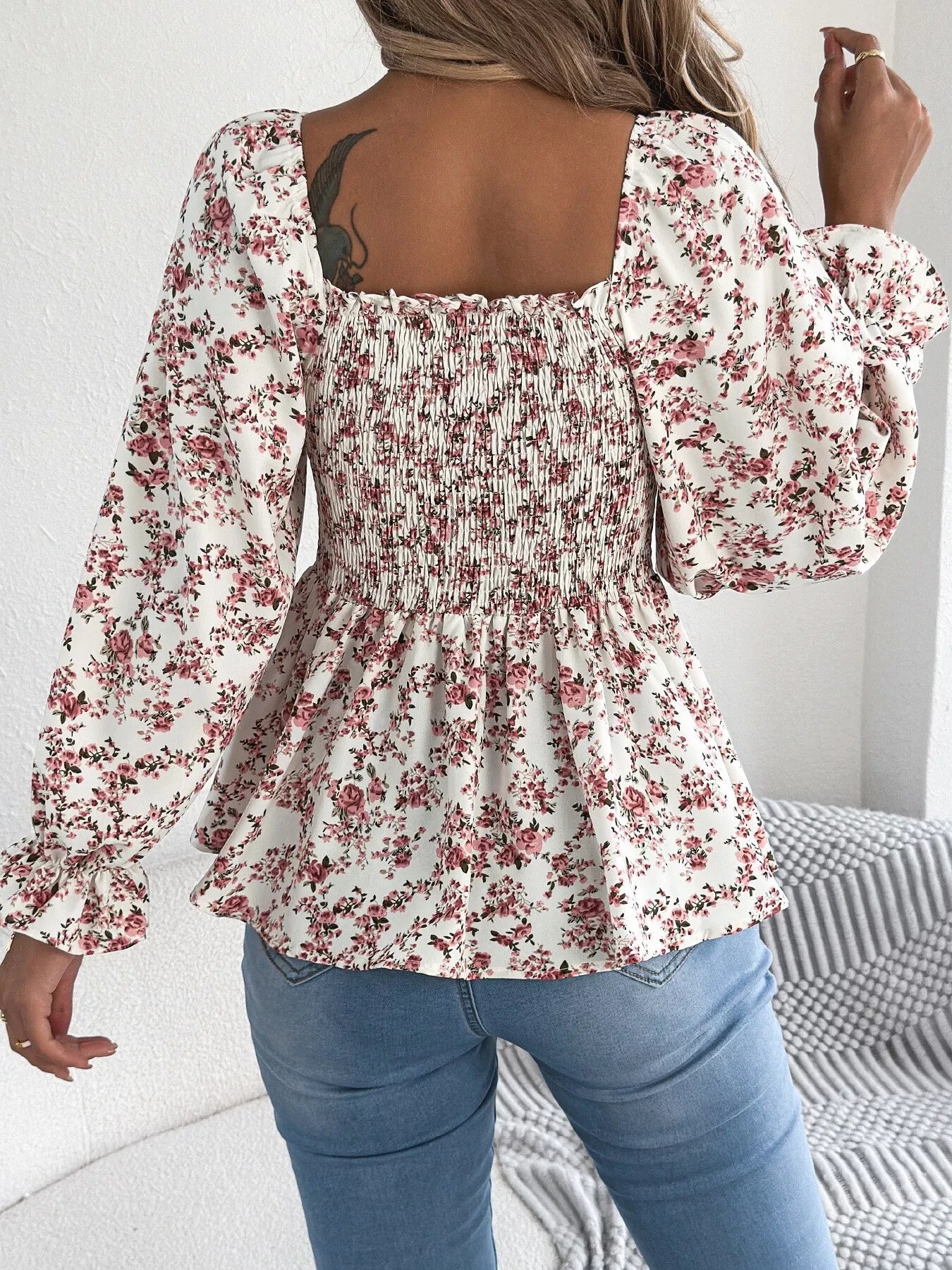 Full Size Floral Print Smocked Long Sleeve Blouse Plus Size