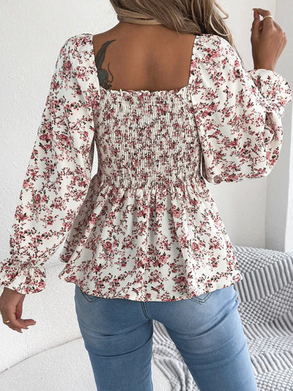 Full Size Floral Print Smocked Long Sleeve Blouse Plus Size
