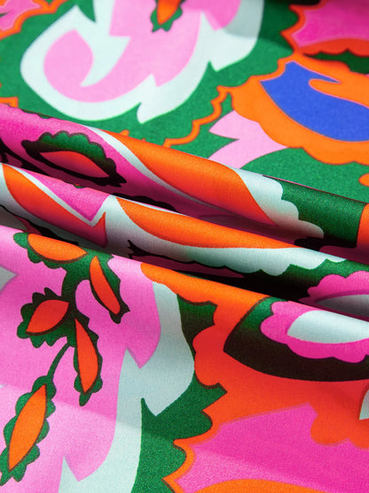 Tropical Print Short Sleeve Tie Neck Blouse