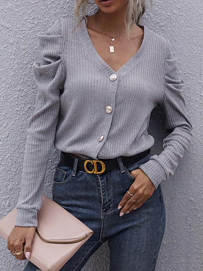 Ribbed V-Neck Button-Up Cardigan Light Gray