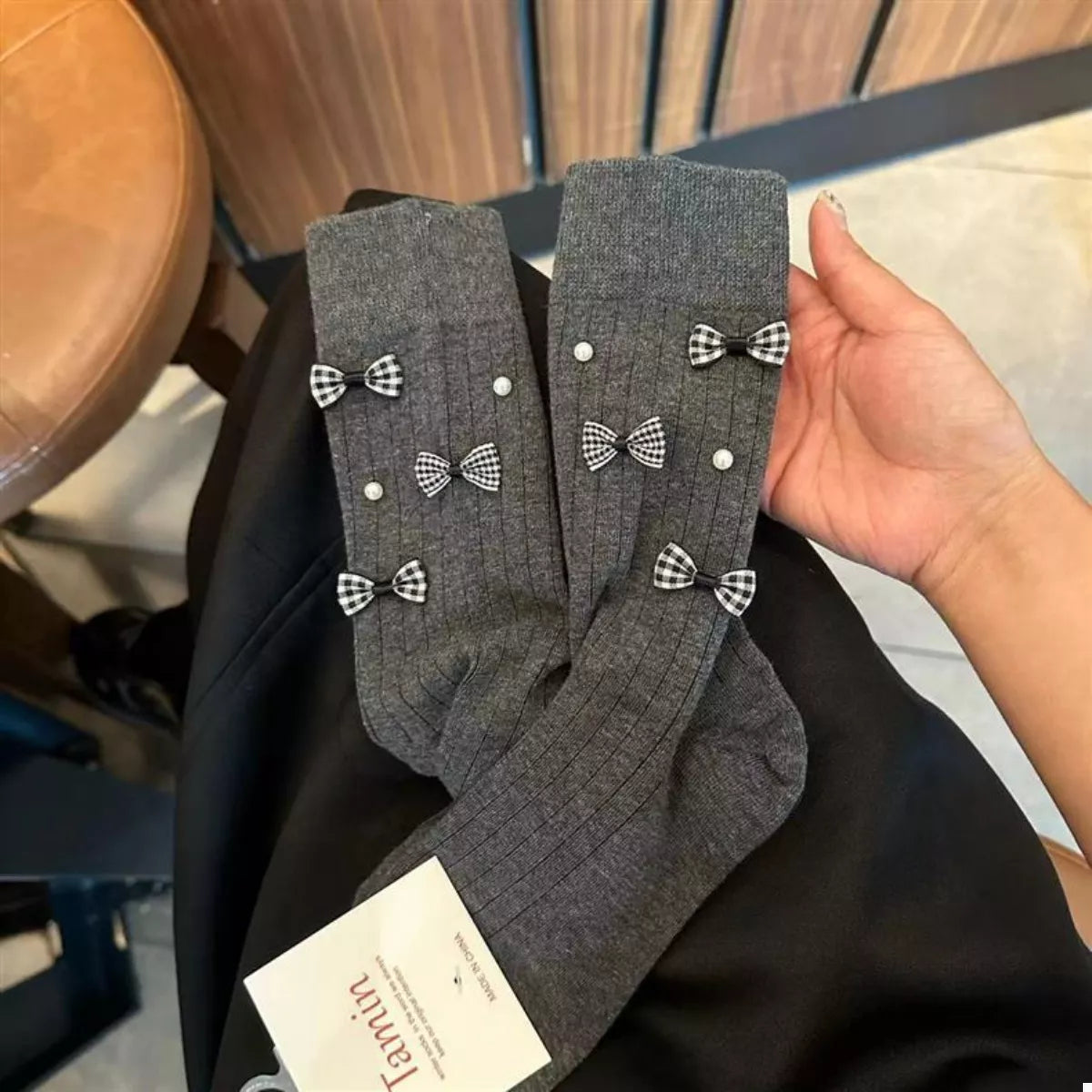 Pearl Detail Bow Crew Socks Dark Gray One Size