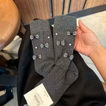 Pearl Detail Bow Crew Socks Dark Gray One Size