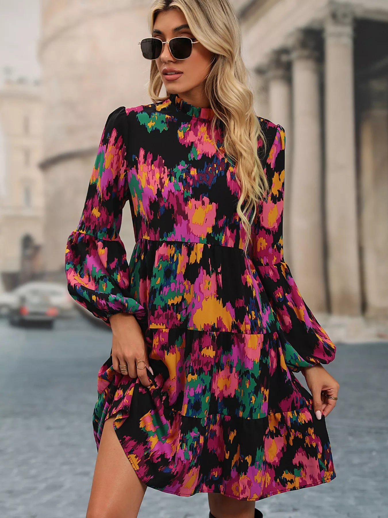 Printed Balloon Sleeve Mini Dress