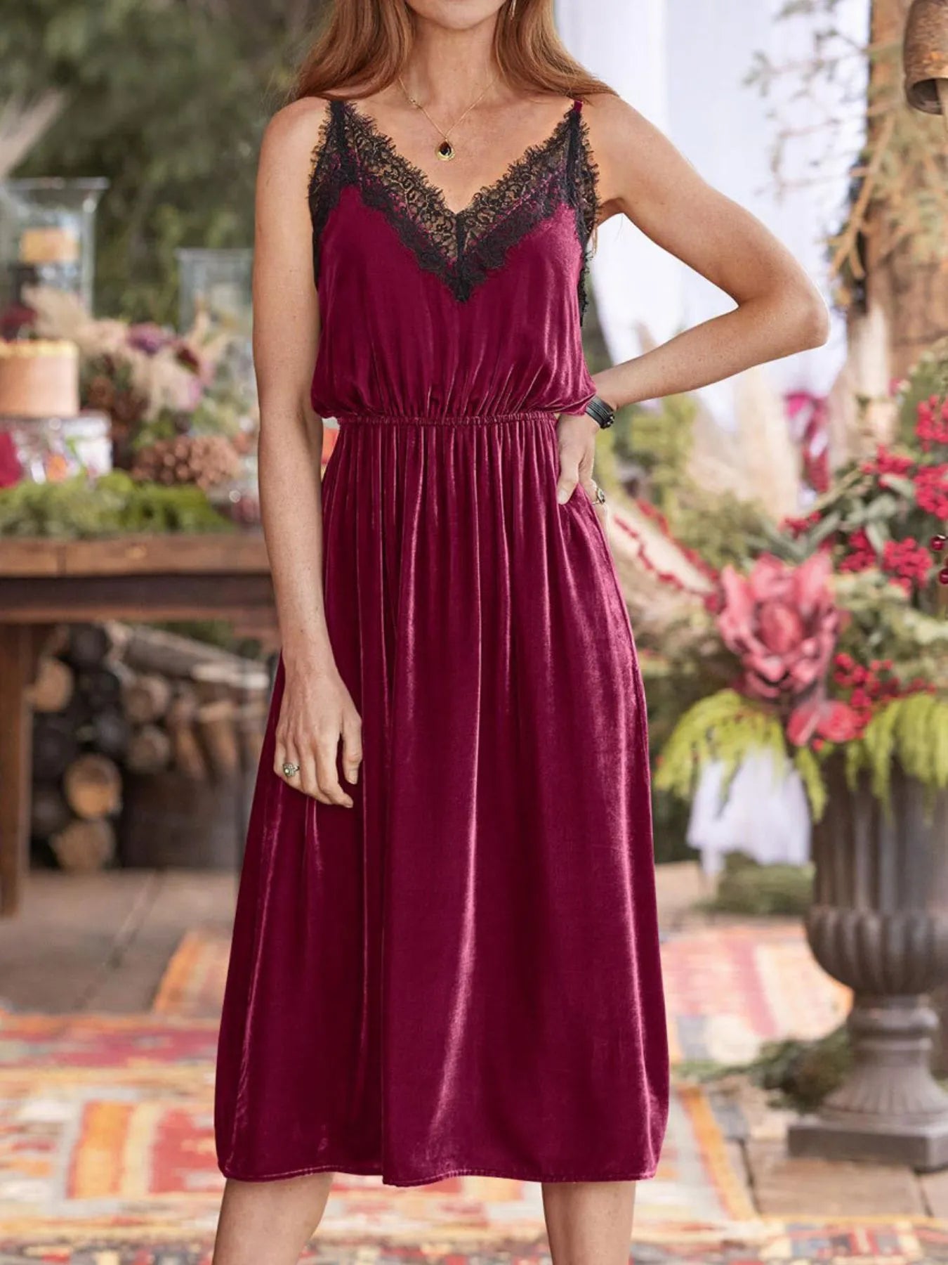 Velvet Cami Lounge Dress with Lace Trim Burgundy