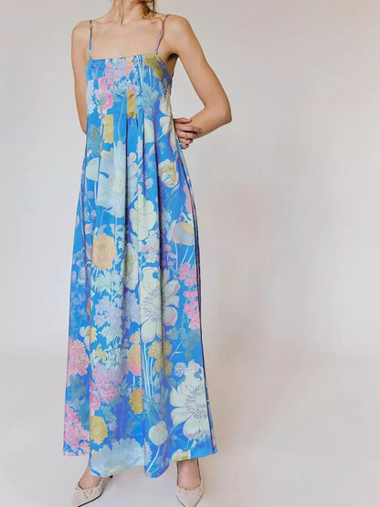 Floral Print Sleeveless Maxi Dress Sky Blue