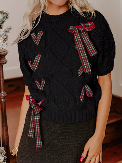 Plaid Bow Short Sleeve Sweater