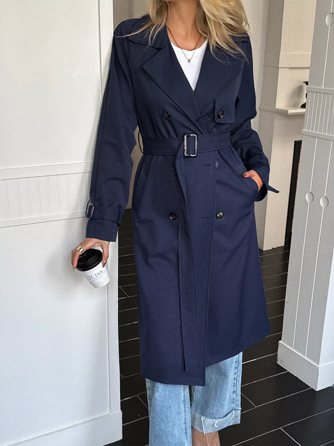 Double-Breasted Belted Trench Coat Dark Blue