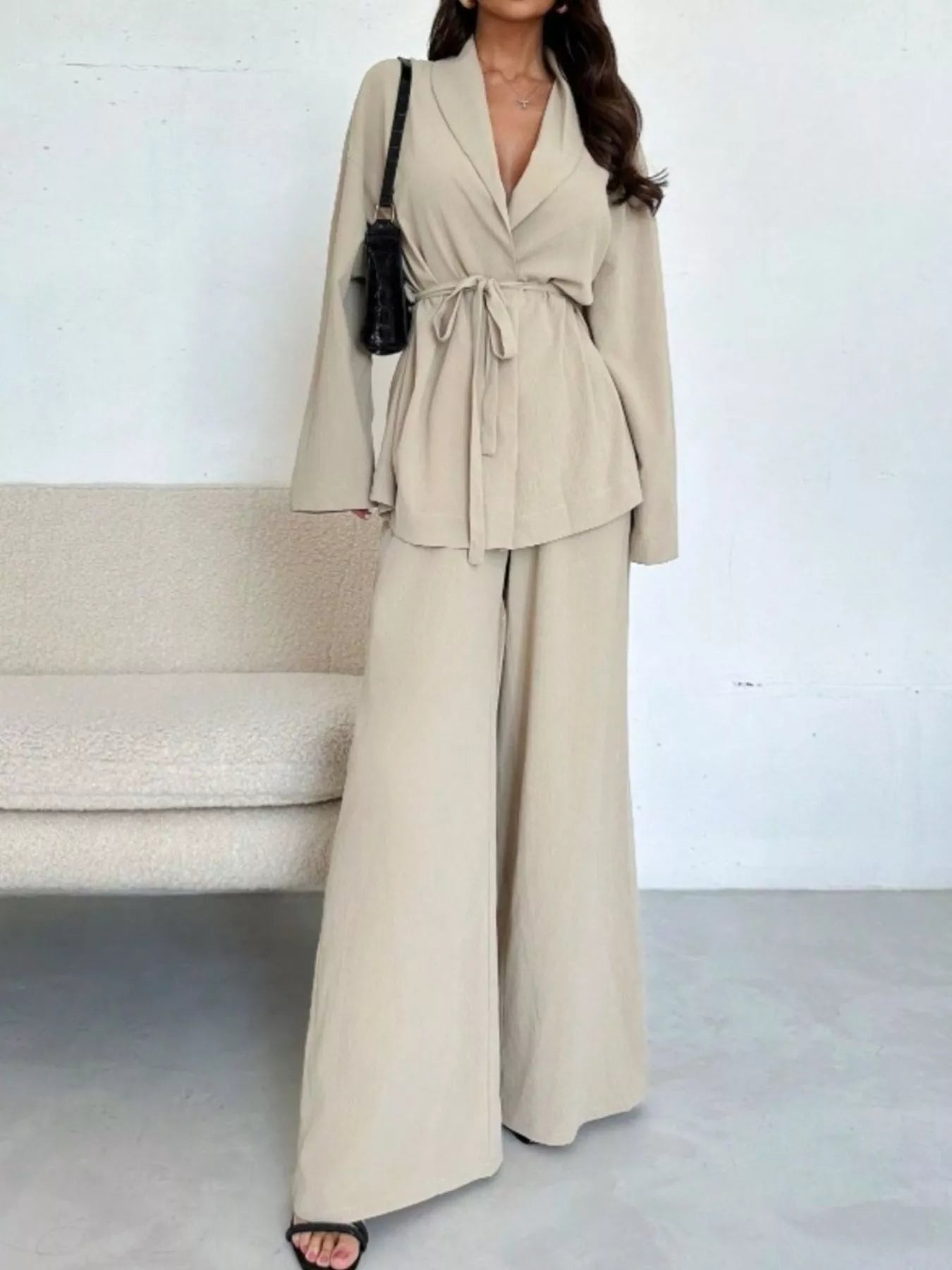 Front Tied Shirt and Wide-Leg Pants Set Apricot