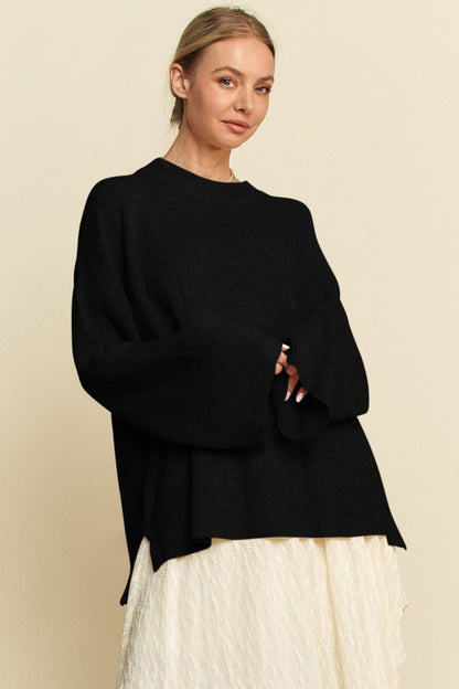 Back To School Sweater - Davi & Dani High-Low Round Neck Drop Shoulder Sweater Black