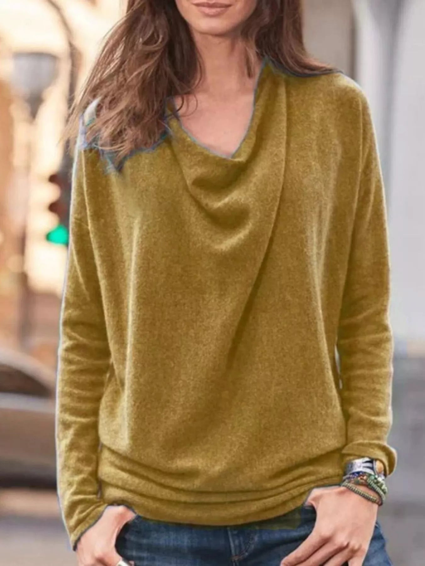 Full Size Cowl Neck Long Sleeve Top Plus Size Khaki