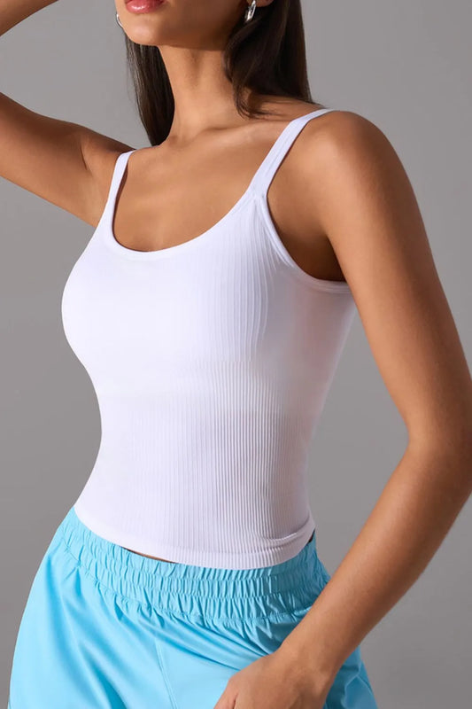 Scoop Neck Active Tank with Detachable Chest Pads White