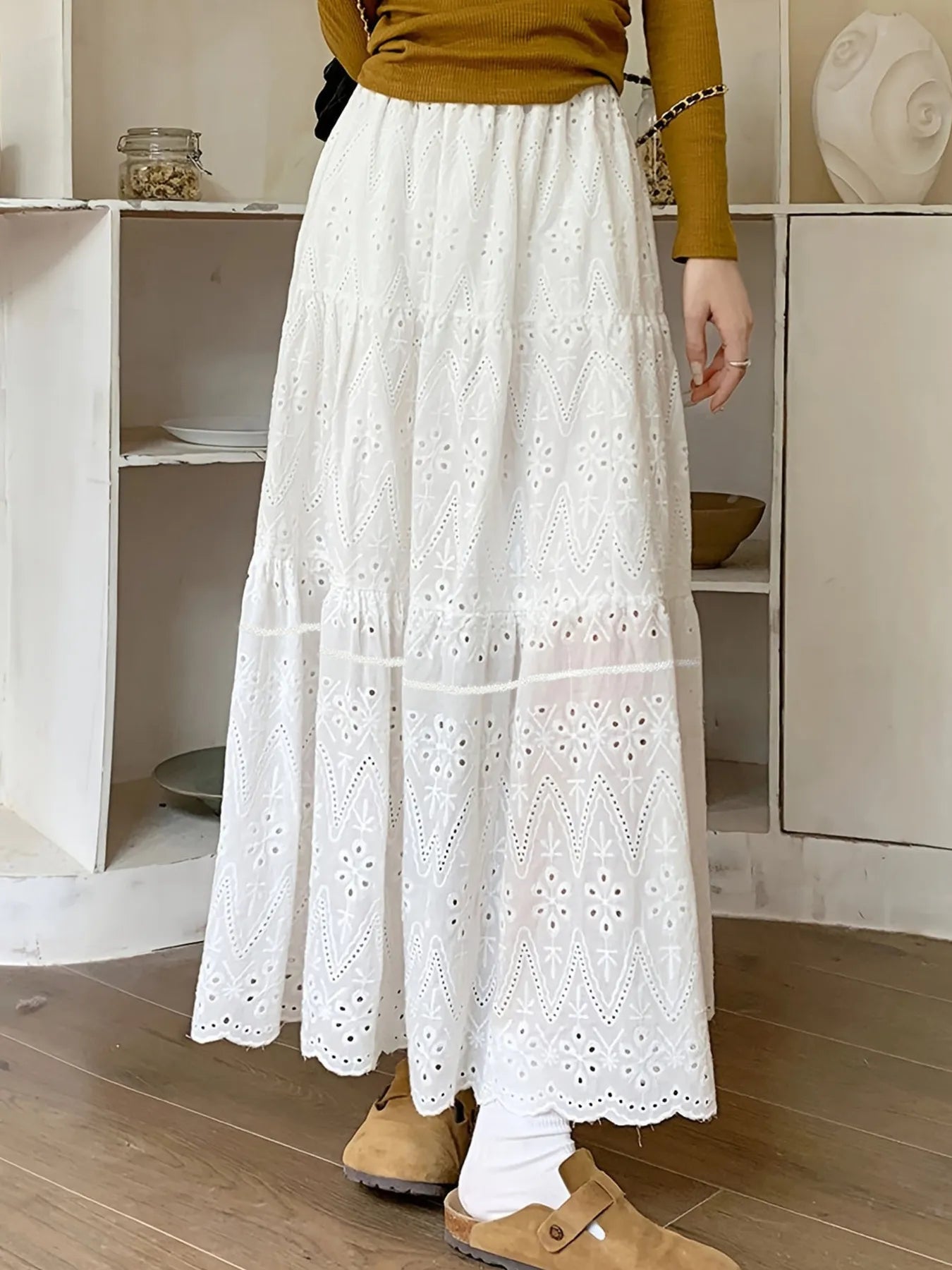 Eyelet Lace Tiered Maxi Skirt White