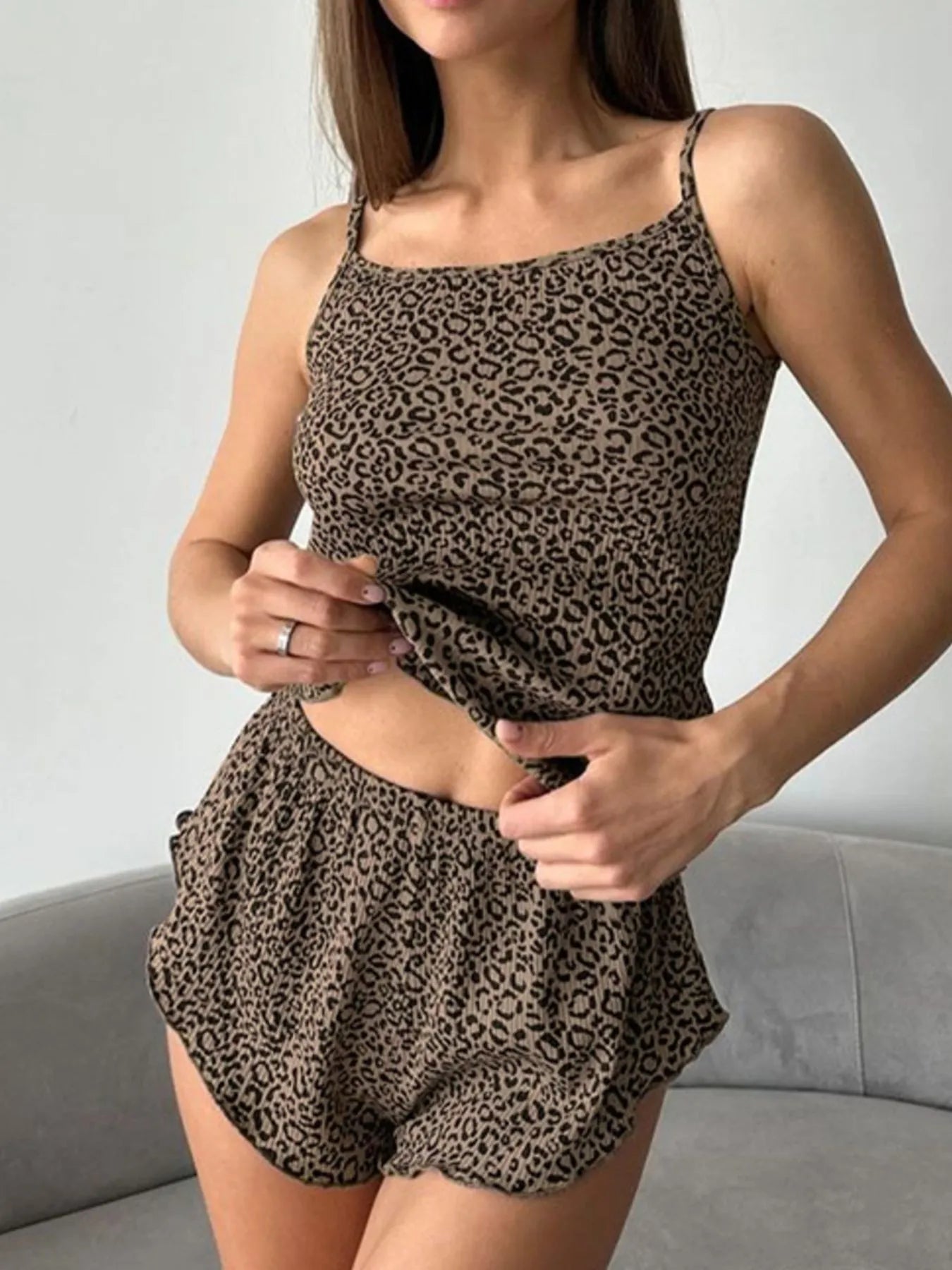 Leopard Cami Cardigan and Shorts 3-Piece Set