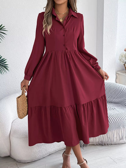 Long Sleeve Tiered Button Front Midi Dress Burgundy