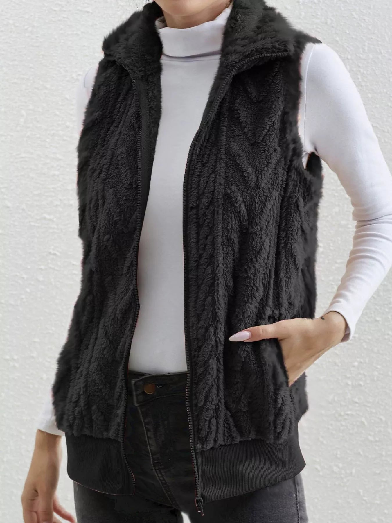 Full Size Cozy Faux Fur Zip-Up Vest Coat Plus Size