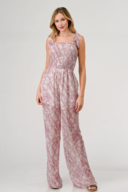 GeeGee Printed Tie Shoulder Wide Leg Jumpsuit Mauve