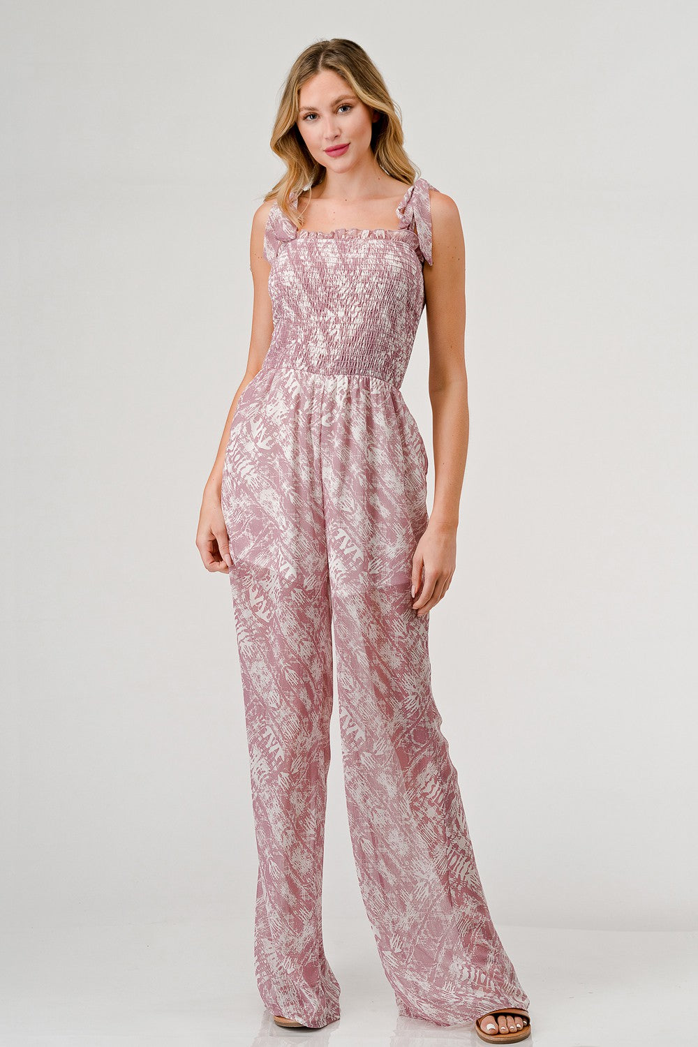 GeeGee Printed Tie Shoulder Wide Leg Jumpsuit Mauve