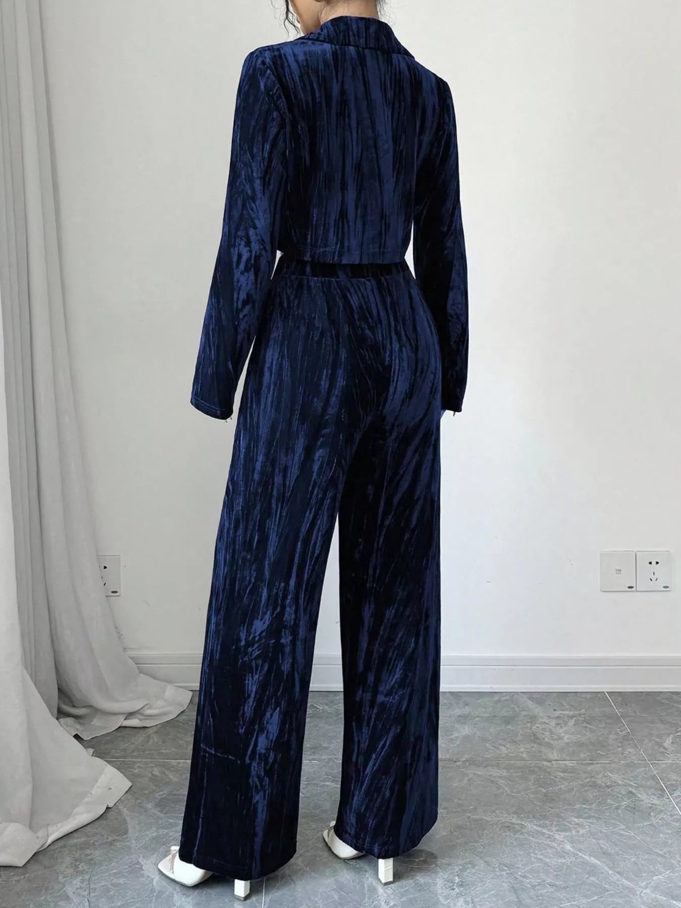 Pleated Velvet Blazer & Wide Leg Pants Set