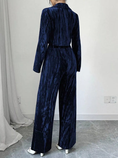 Pleated Velvet Blazer & Wide Leg Pants Set
