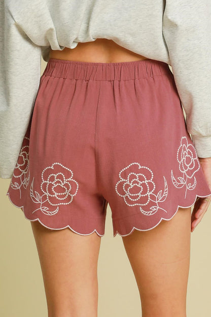 Umgee Full Size Linen Blend Shorts with Floral Embroidered Details Plus Size