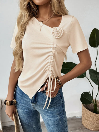 Flower Drawstring Ruched Front Top