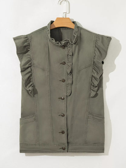 Ruffled Patchwork Denim Jacket Vest