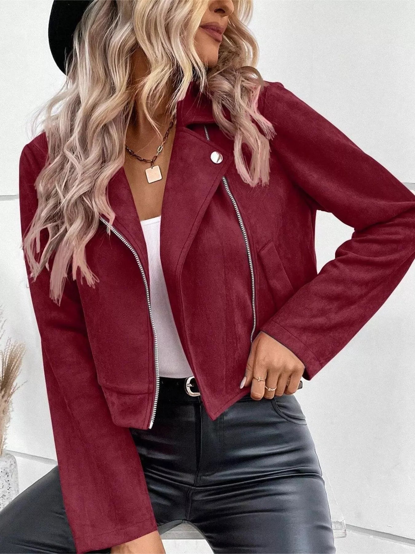 Zip Up Moto Jacket Burgundy