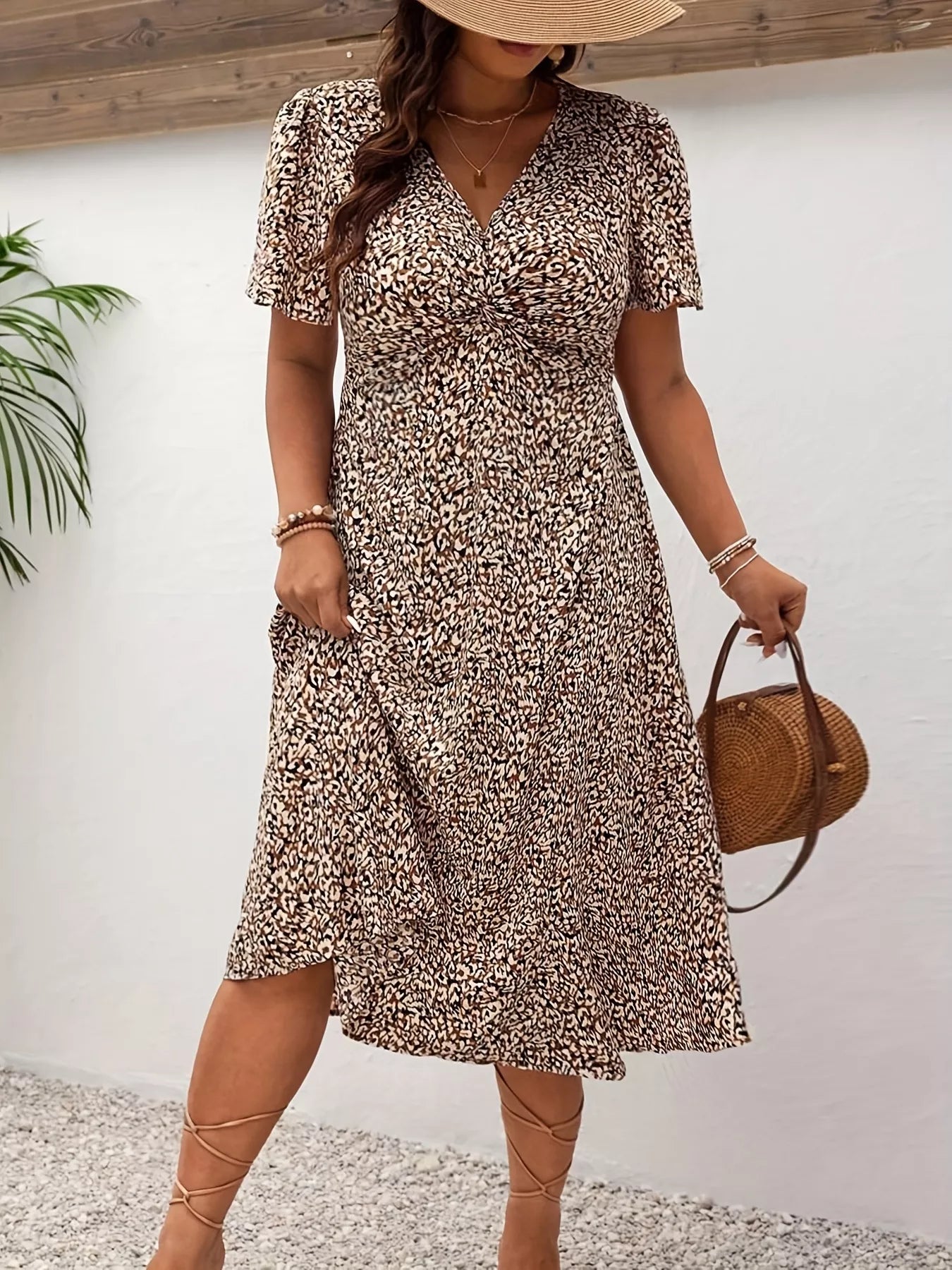 Plus Size Printed V-Neck Short Sleeve Midi Dress
