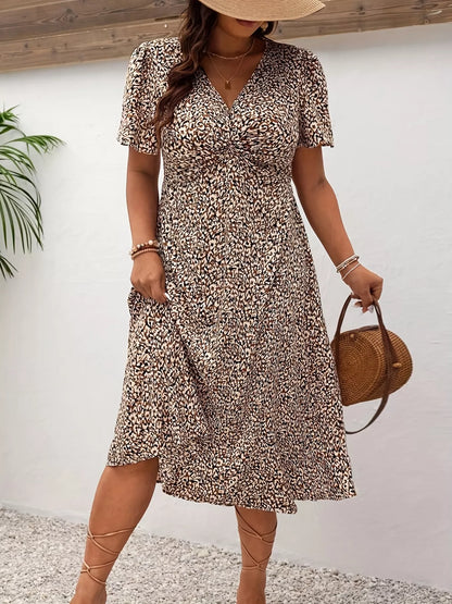 Plus Size Printed V-Neck Short Sleeve Midi Dress