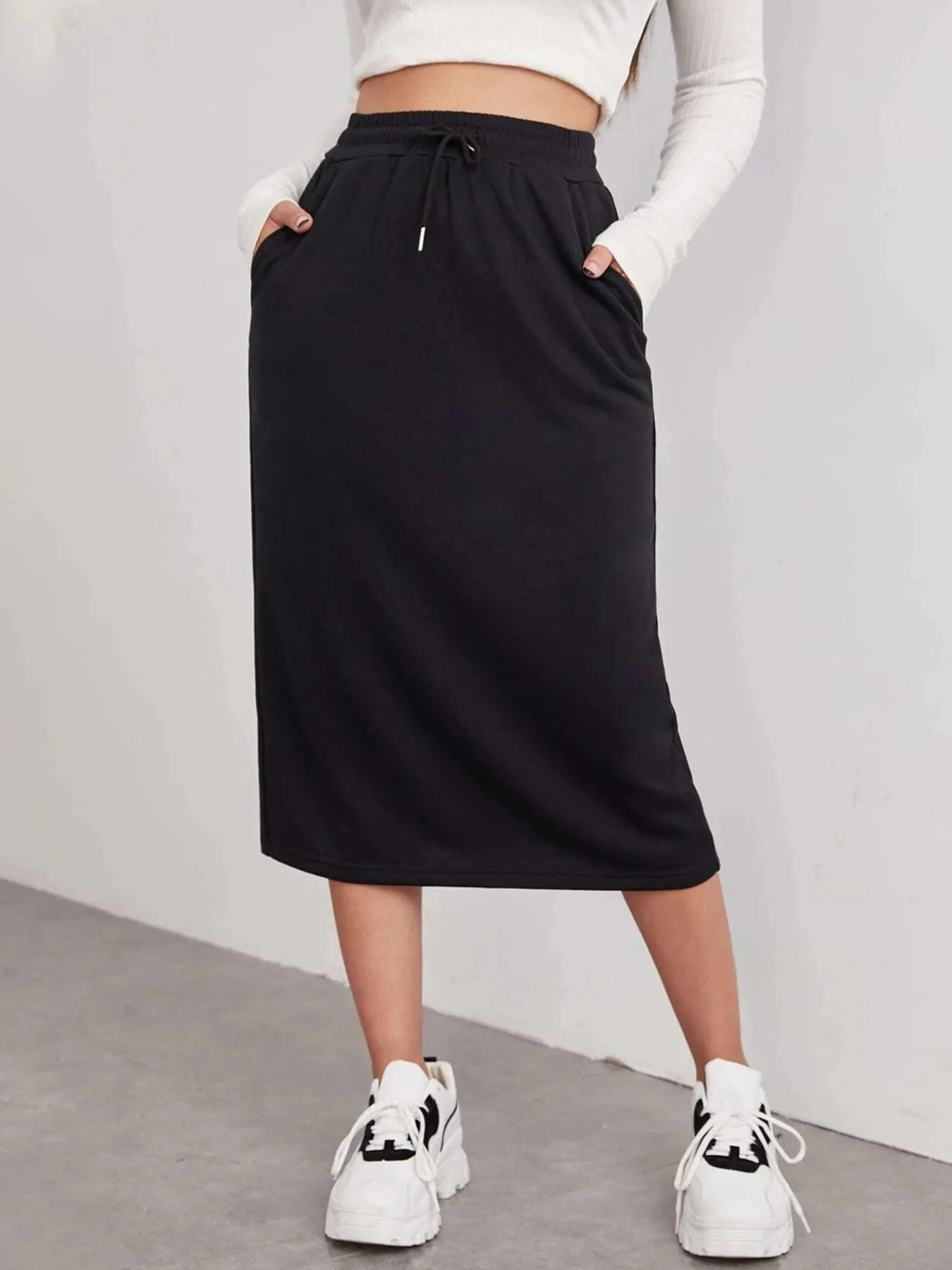 Slit Drawstring Midi Skirt Black