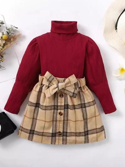 Turtleneck Long Sleeve Top and Skirt Set Deep Red