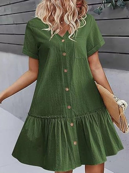 Full Size Button-Front Short Sleeve Tiered Dress Plus Size