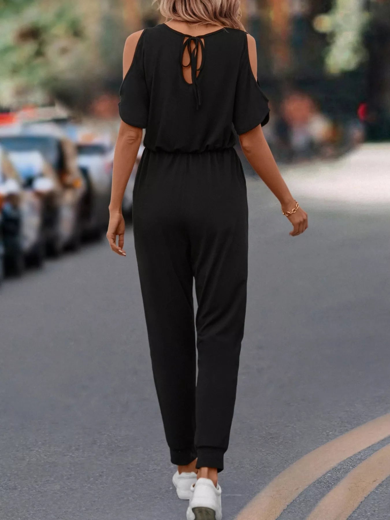 Cold Shoulder V-Neck Drawstring Waist Jumpsuit