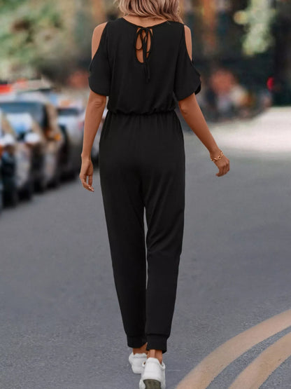 Cold Shoulder V-Neck Drawstring Waist Jumpsuit