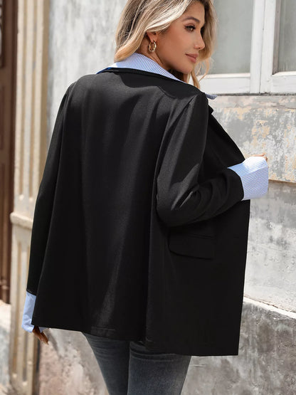 Striped Collar Long Sleeve Fake Two-Piece Blazer