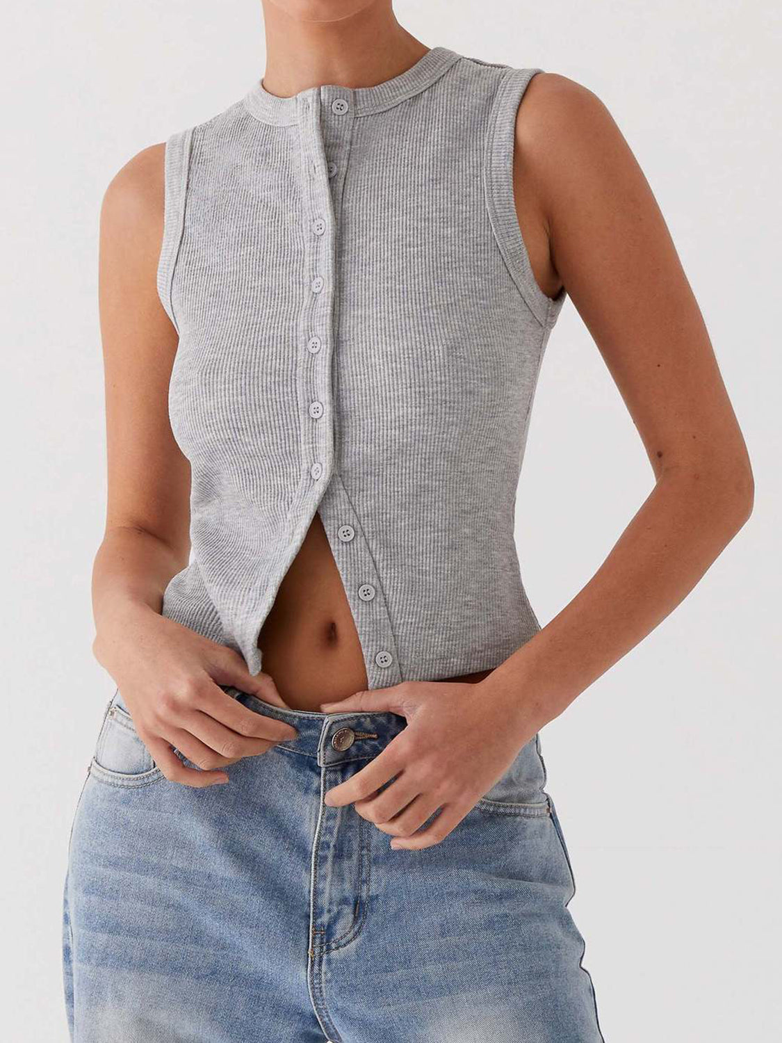 Lovelet Button Up Round Neck Tank Gray