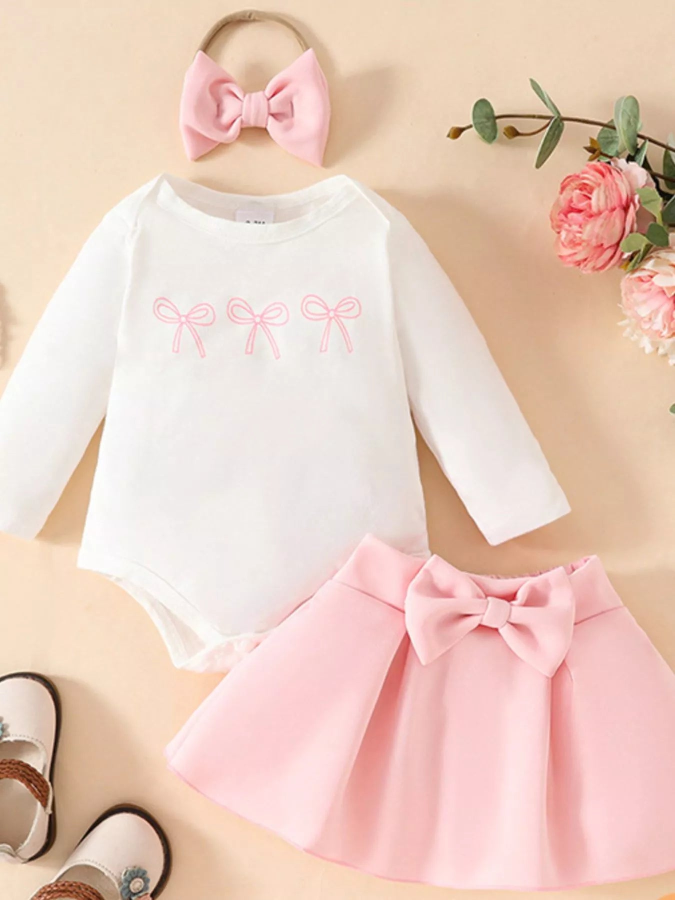 Children's Bowknot Bodysuit & Skirt & Headband 3-Piece Set Blush Pink