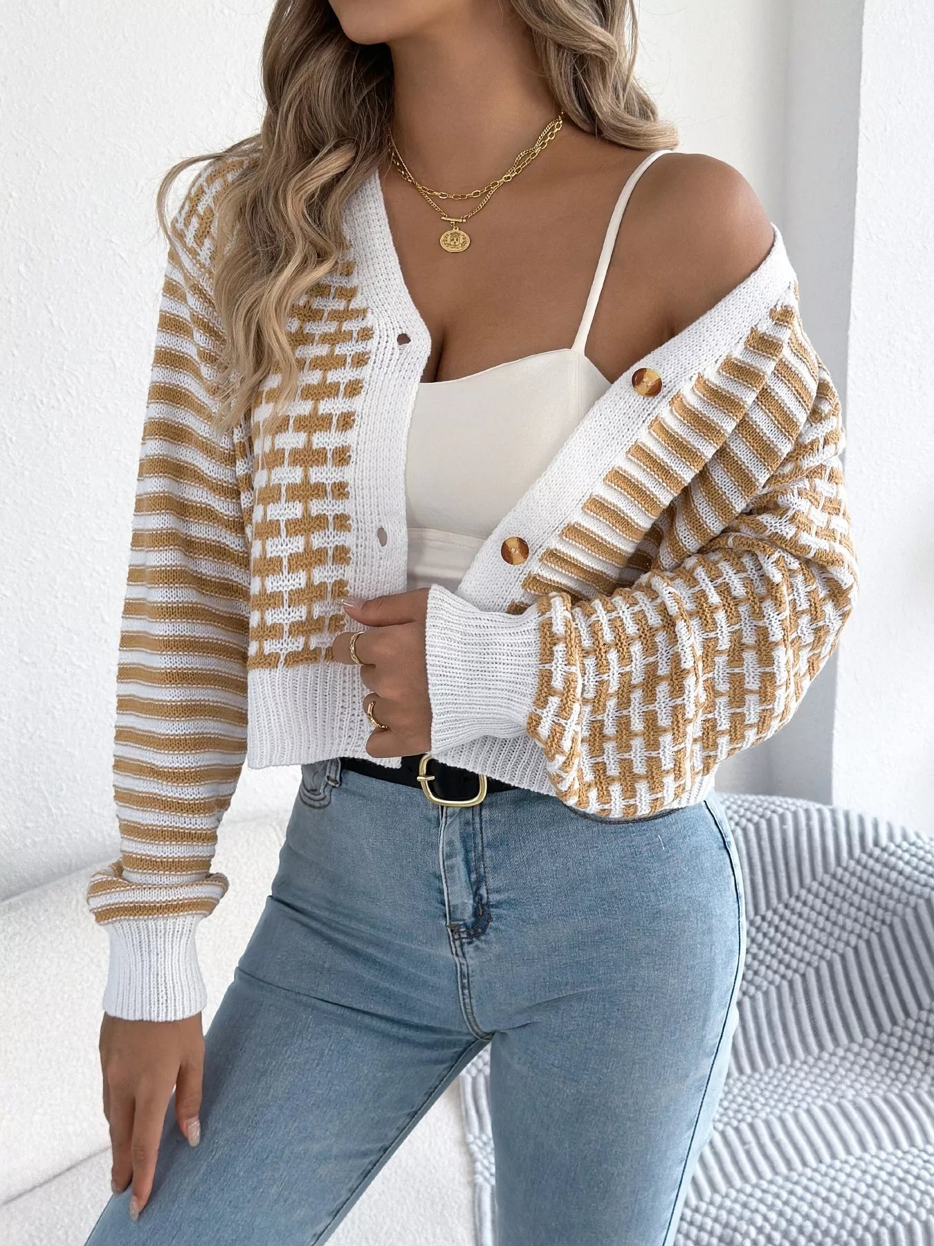 Striped Button-Up Cropped Cardigan Khaki