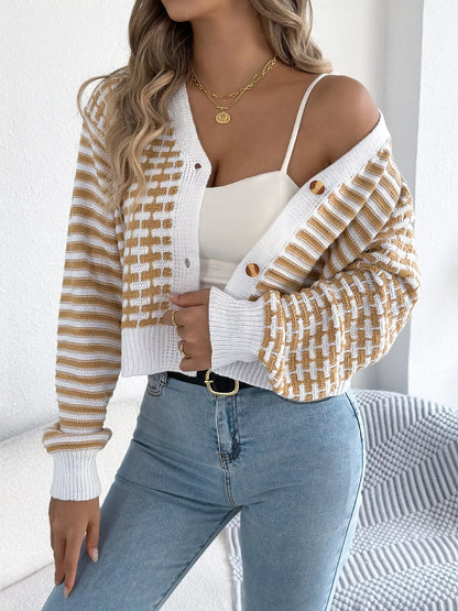 Striped Button-Up Cropped Cardigan Khaki