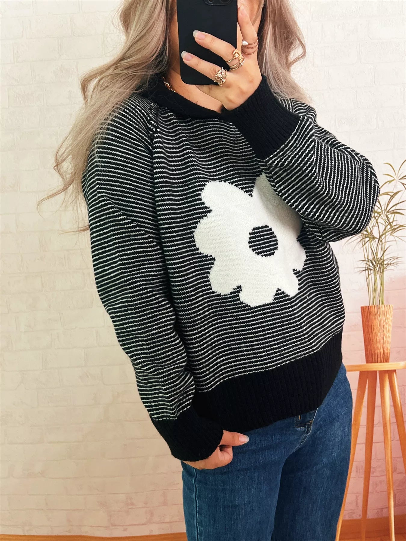 Striped Flower Raglan Sleeve Sweater
