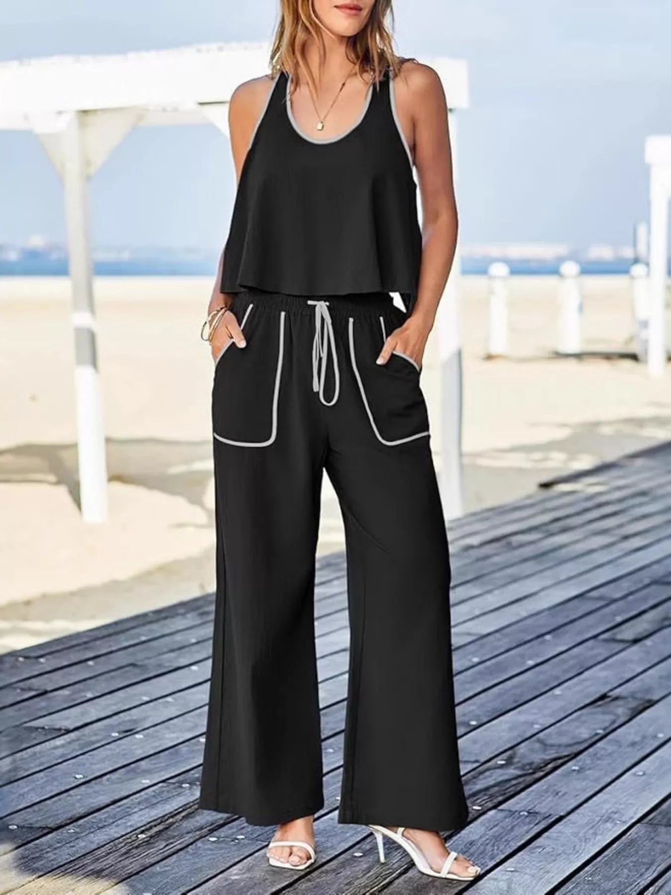 Contrast Trim Tank and Pants Set Black