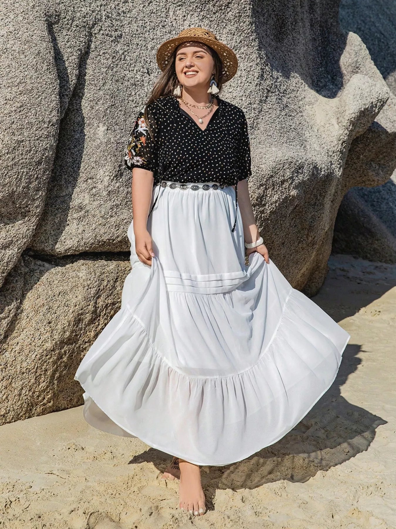 Plus Size Printed Tie Neck Half Sleeve Blouse