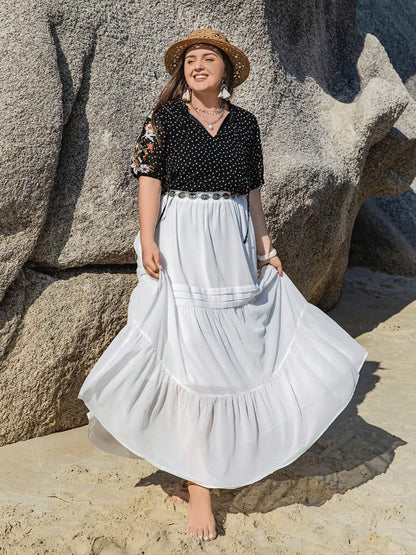 Plus Size Printed Tie Neck Half Sleeve Blouse