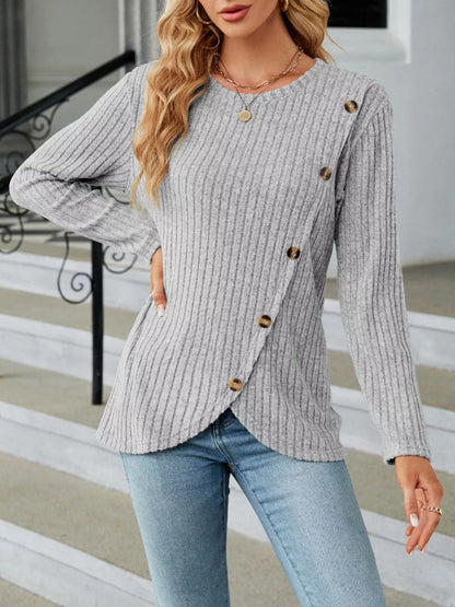Ribbed Knit Decor Button T-Shirt Light Gray
