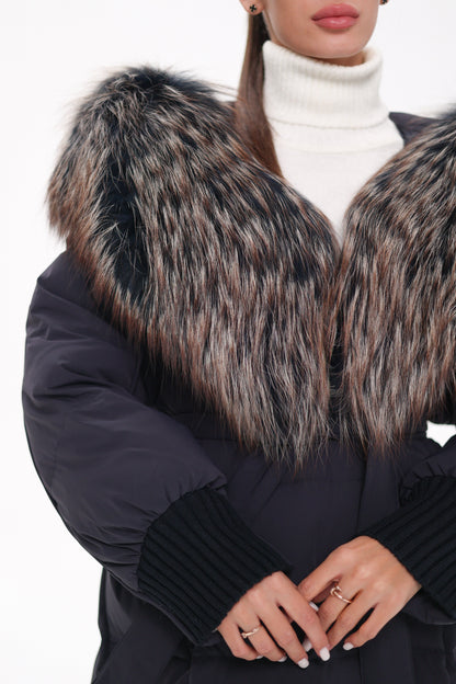 Rei Genuine Fur Trim Hooded Down Coat in Navy