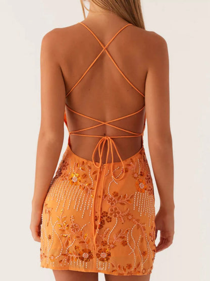 Backless Embroidered Sequin Cami Dress