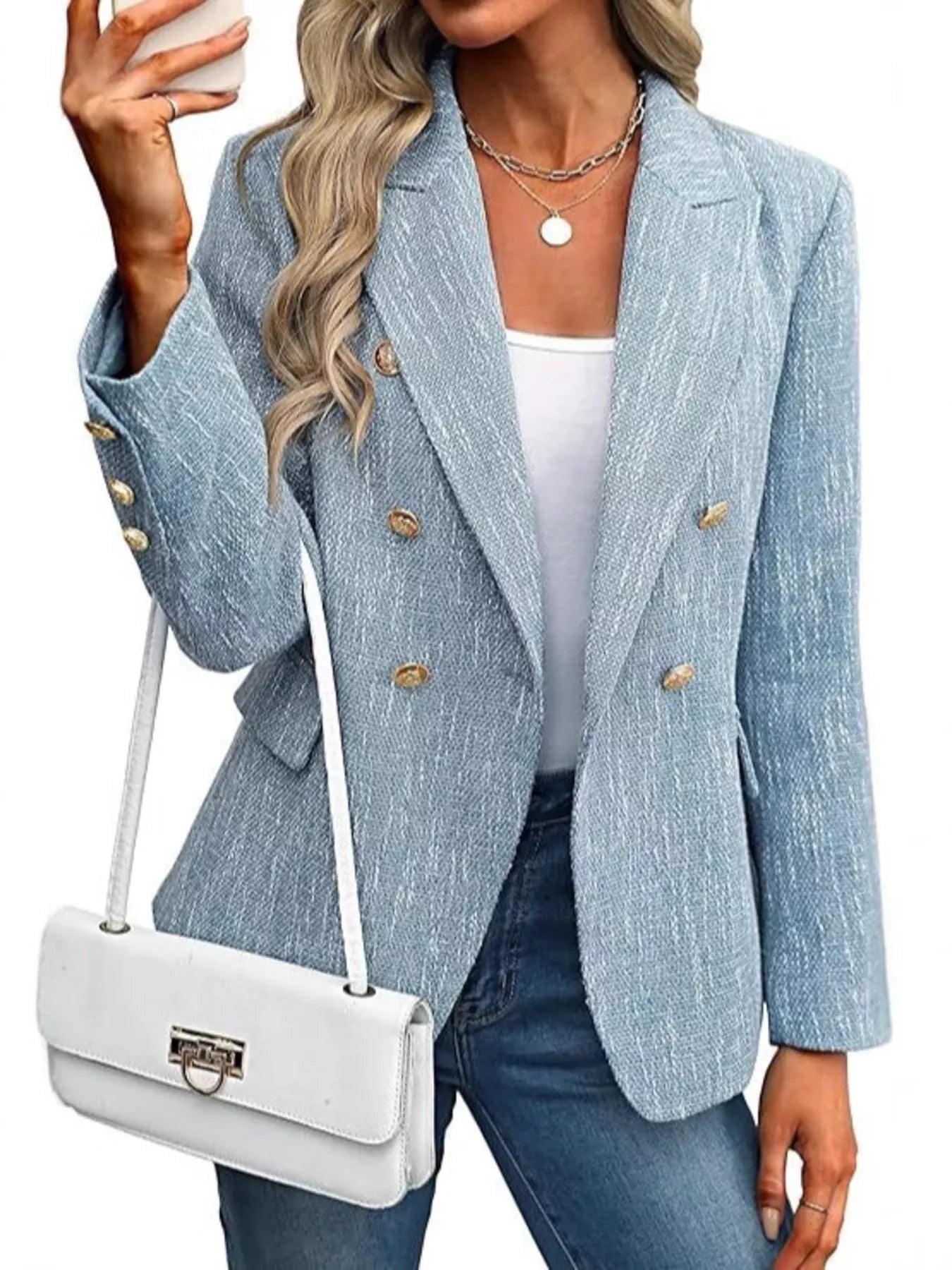 Double-Breasted Lapel Collar Blazer Light Blue