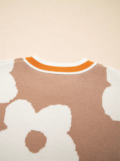 Flower Pattern Contrast Striped Baggy Sweater